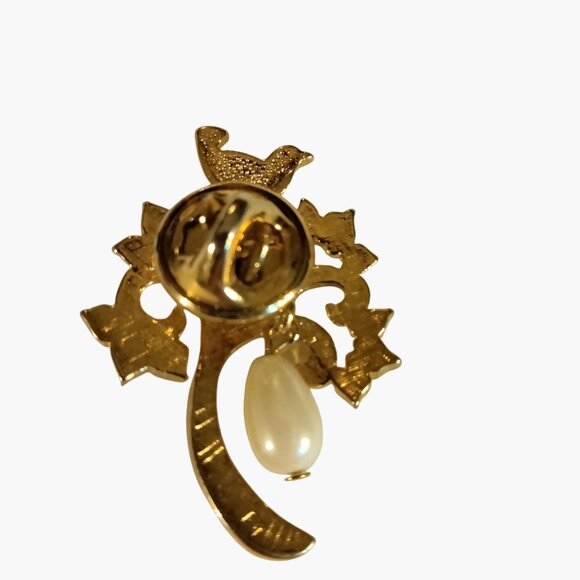 Avon Partridge In A Pear Tree Pinback Gold Tone Brooch Faux Pearl Drop Accent - Picture 3 of 4